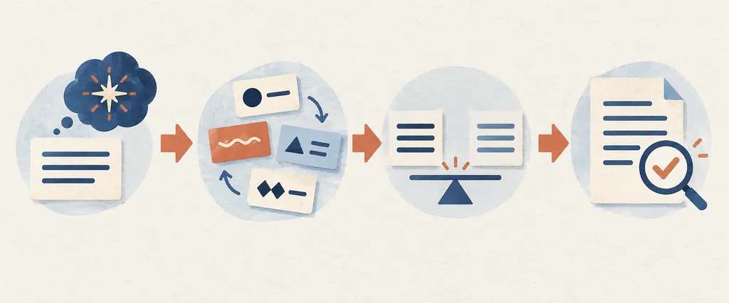 Editorial flow showing an idea, word changes, meaning balance, and final proofreading