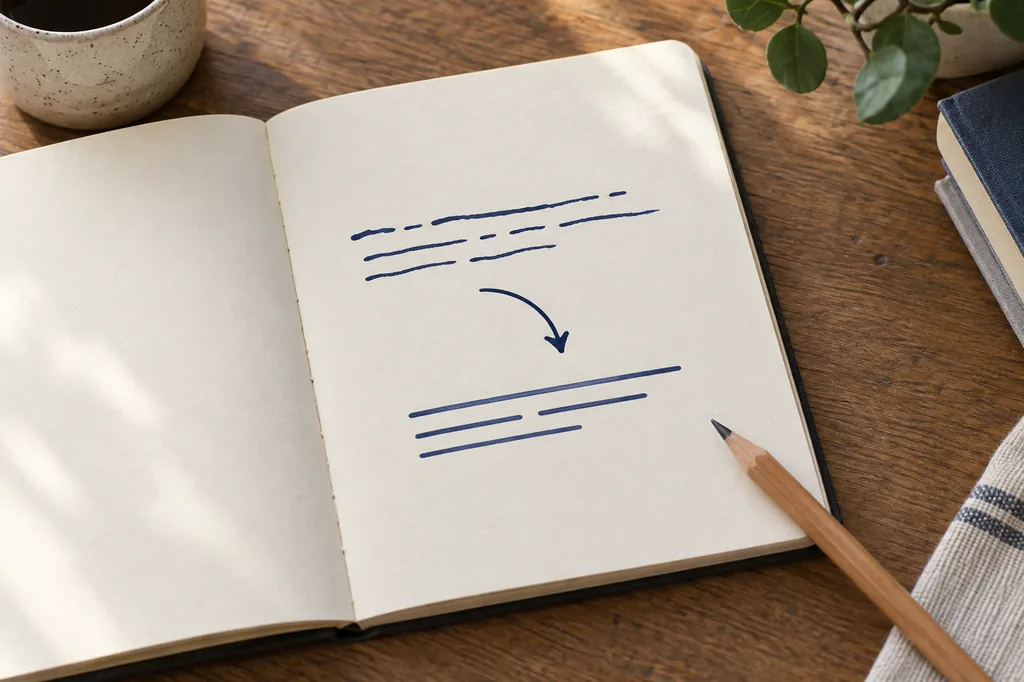 Open notebook showing an original sentence becoming a clearer rewritten sentence