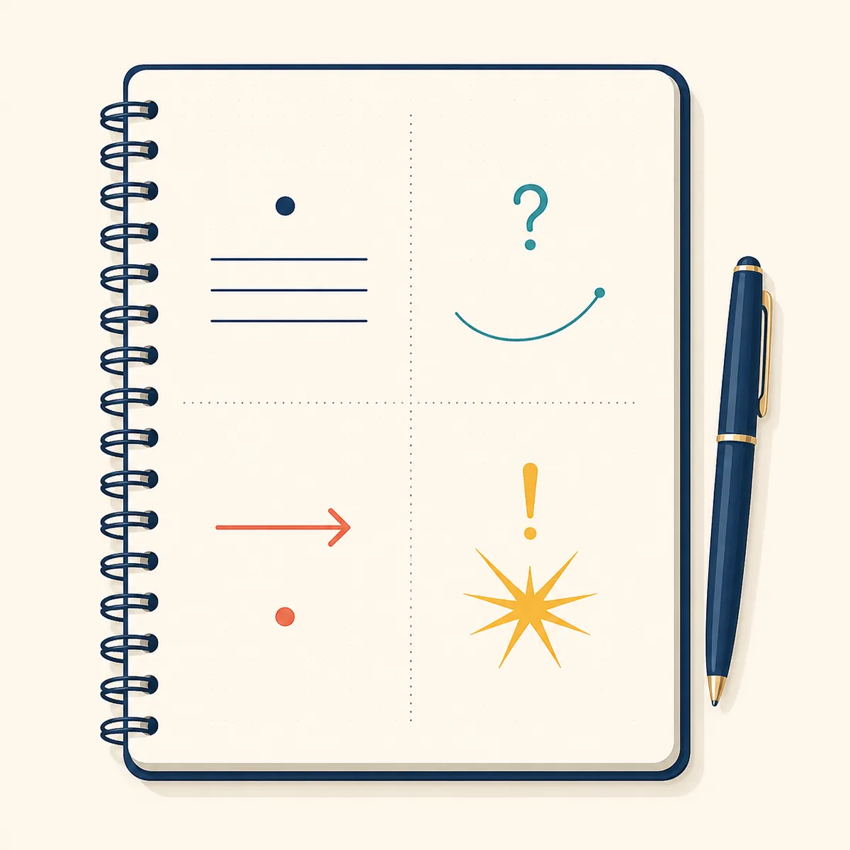 Editorial grammar notebook showing four sentence purposes with punctuation symbols