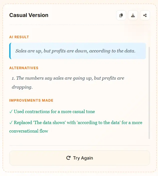 AI Sentence Generator casual version - transform formal text into conversational style