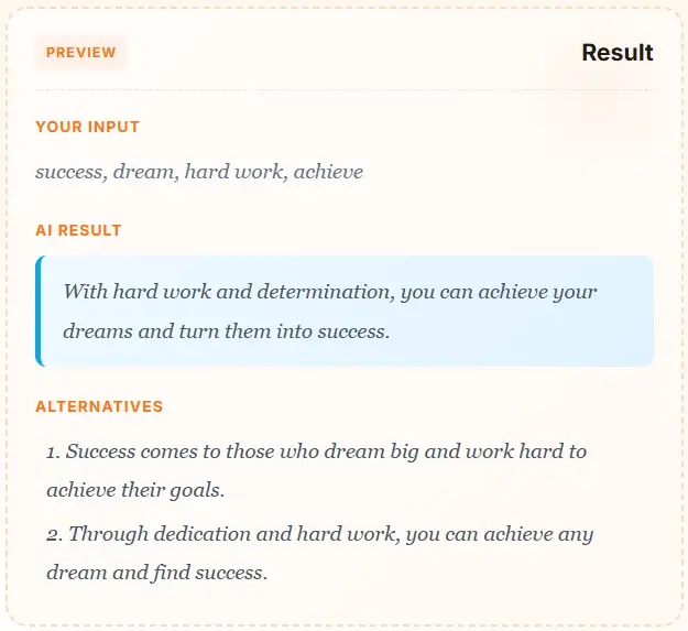 AI Sentence Generator final result - generated sentence with alternatives