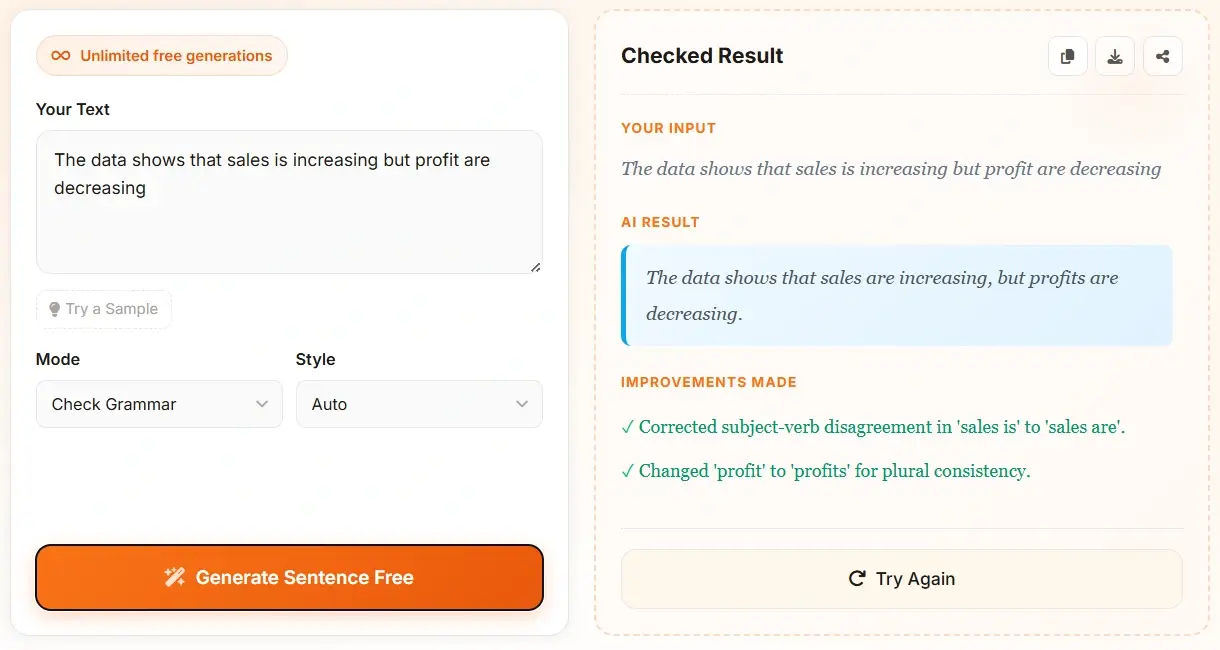 AI Sentence Generator input and result preview - see your input and AI output