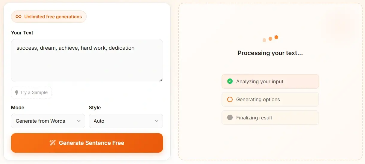 AI Sentence Generator processing screen - analyzing and improving your text
