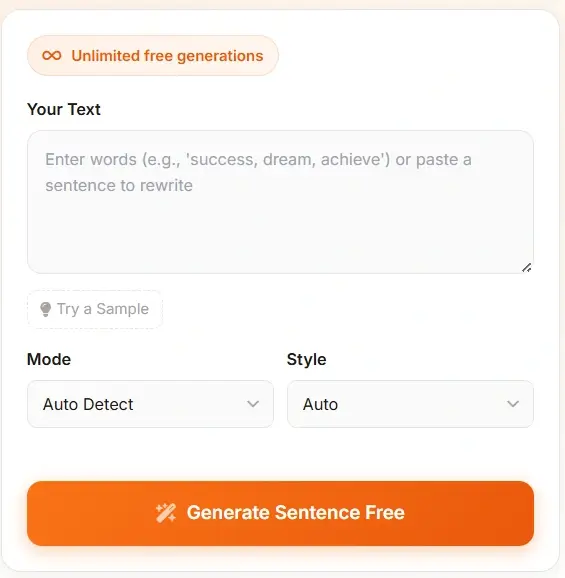 AI Sentence Generator input form - enter words or sentences with mode and style options